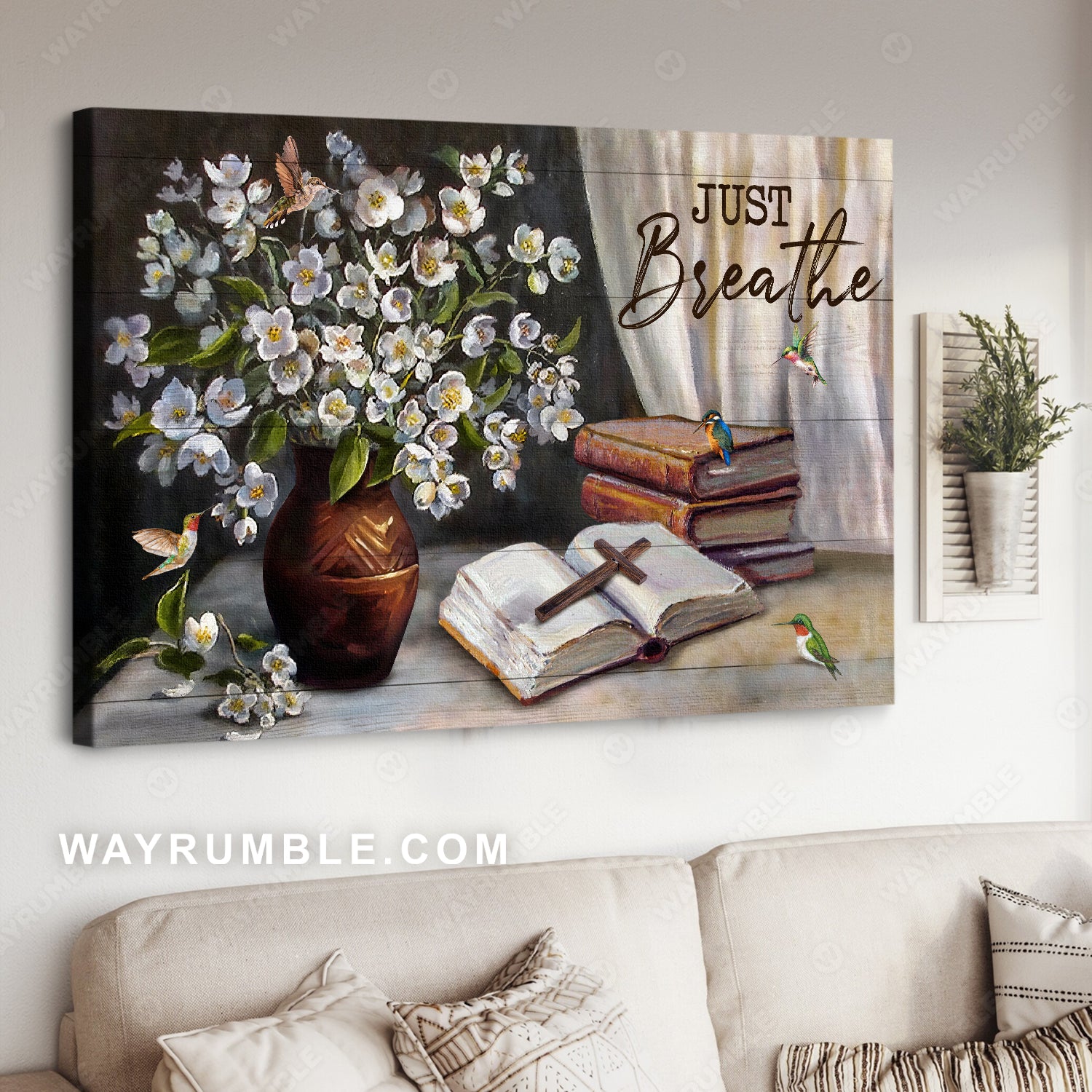 Flower vase, Books, Cross, Just breathe - Jesus Landscape Canvas Prints, Christian Wall Art