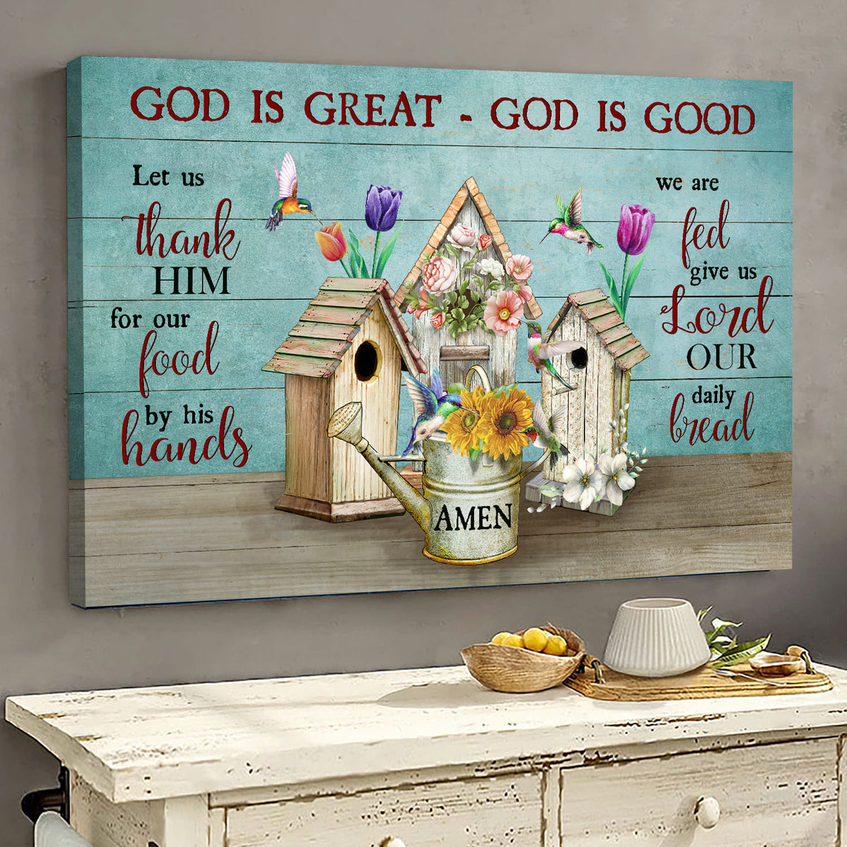 Nest, Colorful Flower, Hummingbirds, God is great, God is good - Jesus Landscape Canvas Prints, Wall Art