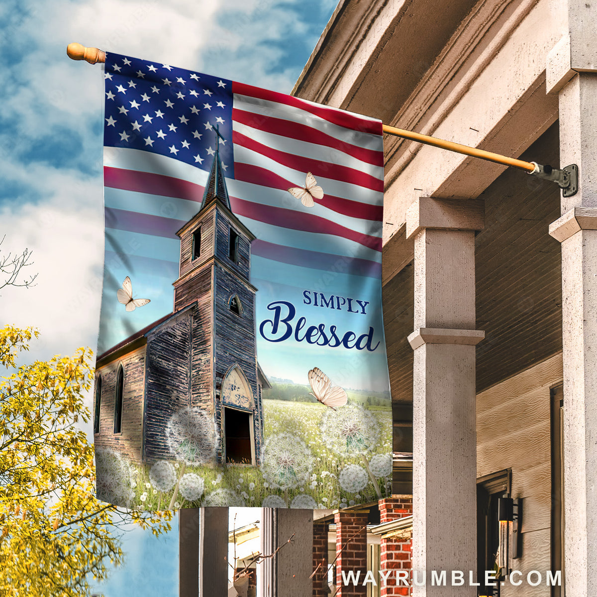 Antique church, Pretty dandelion field, White butterfly, US flag - Jesus Flag