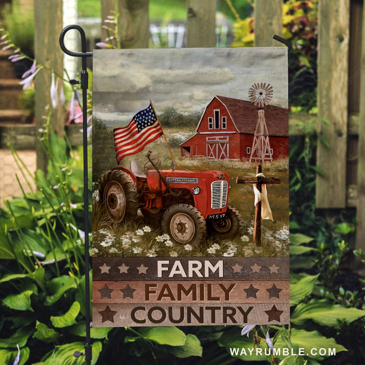 Farm vehicle, Old barn, Daisy field, Cross symbol, Farm, Family, Country - Jesus Flag