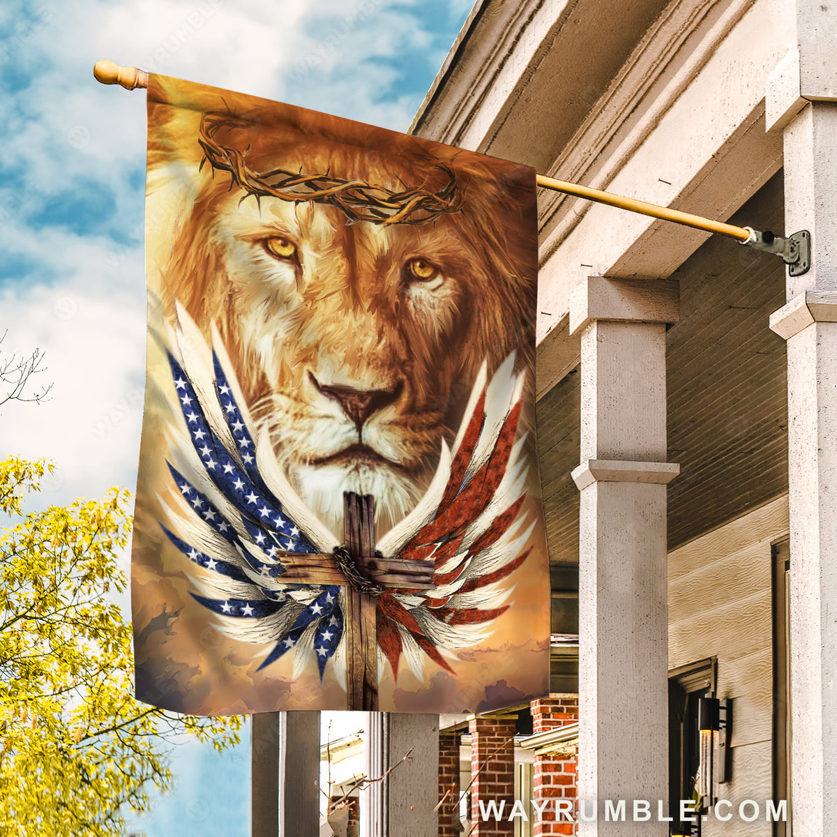 Stunning lion painting, Colorful angel wings, Cross symbol - Jesus Flag