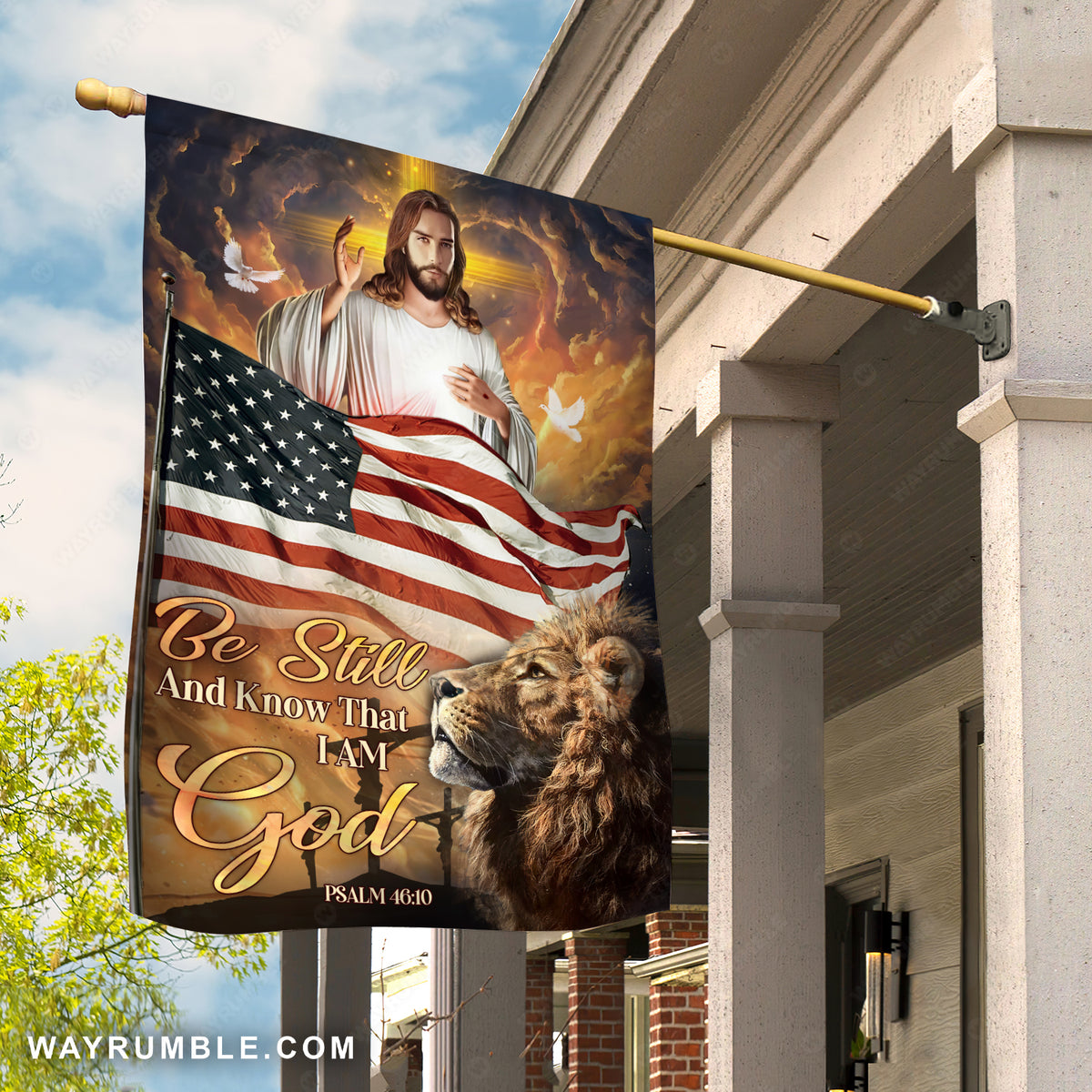 Jesus artwork, Lion King, King of Kings, US flag, Be still and know that I am God - Jesus Flag