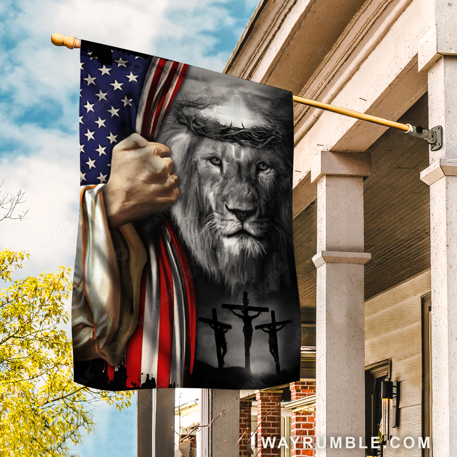 US flag, Black lion painting, Crown of thorn, Cross symbol - Jesus Flag
