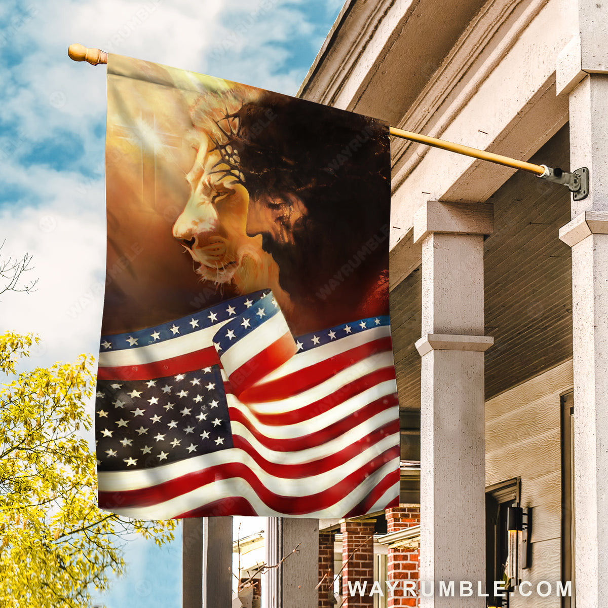 Lion painting, The face of Jesus, Amazing US flag - Jesus Flag