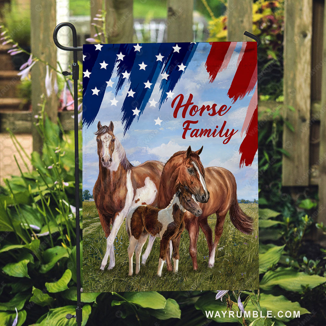 Quarter horses, Green meadow land, US flag, Horse family - Jesus Flag