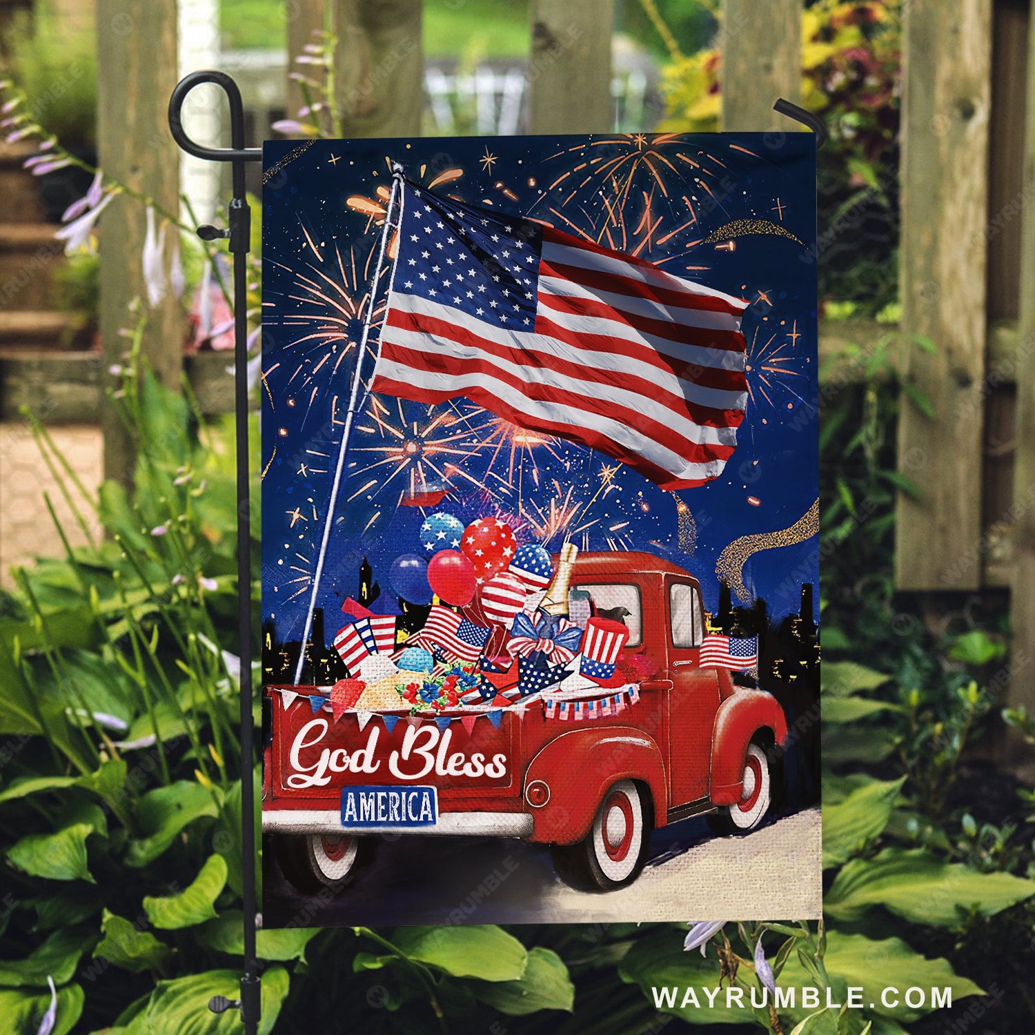 Beautiful night, Colorful firework, US flag, Ladybug car, God bless America - Jesus Flag