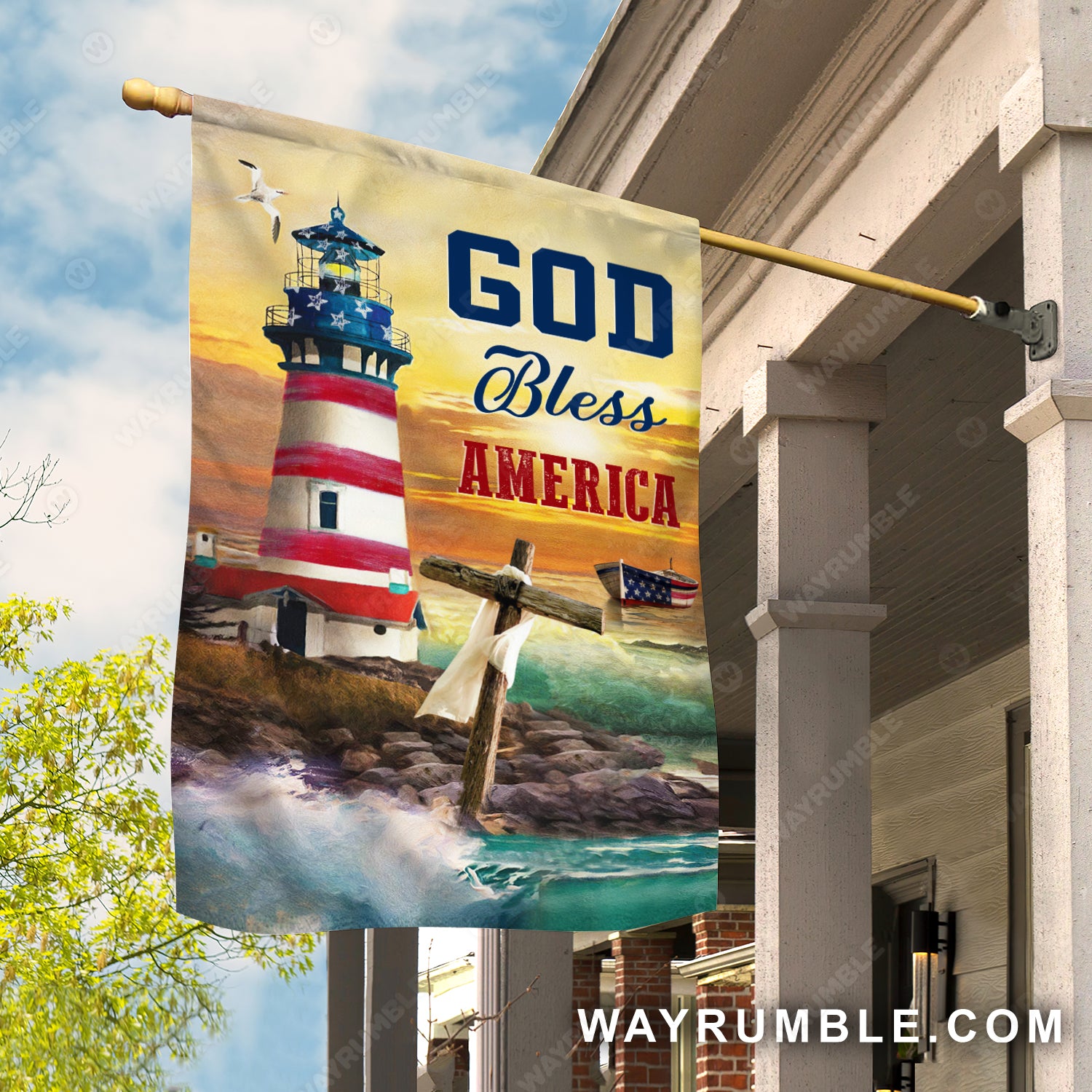 Beautiful lighthouse, Orange sunset, Cross symbol, God bless America - Jesus Flag