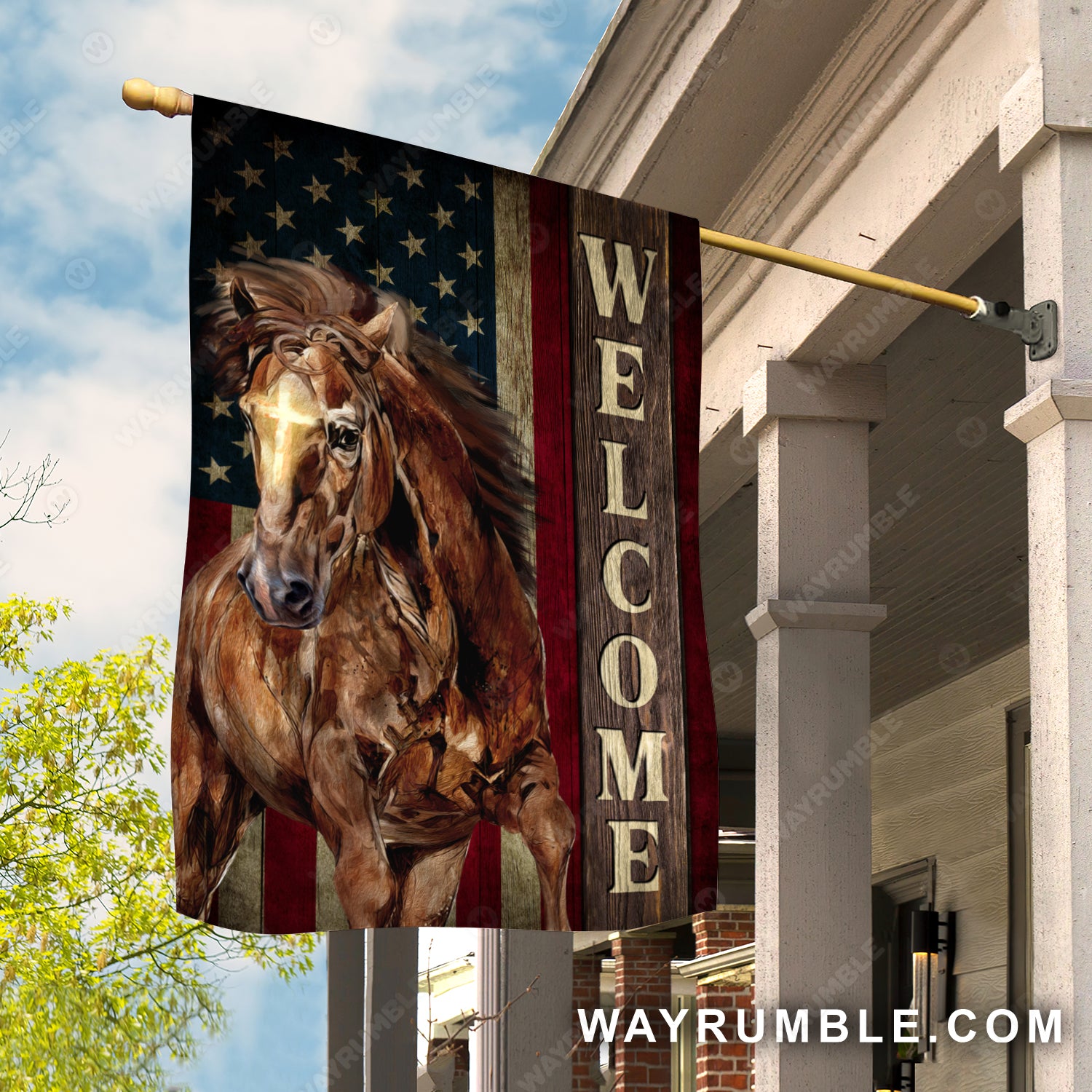 Running horse, Cross painting, US flag, Welcome - Jesus Flag