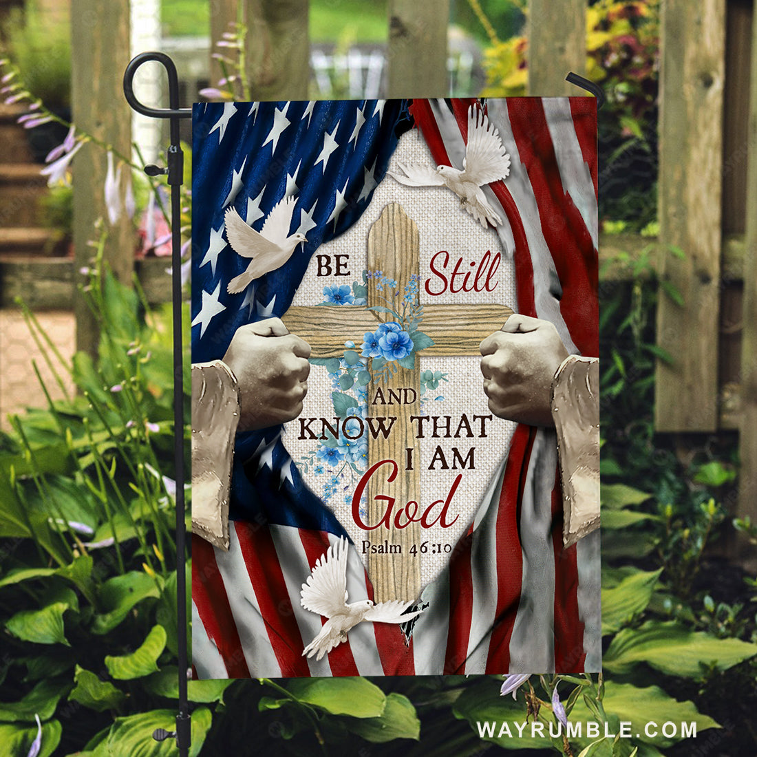 Jesus's hand, Blue flower vase, Cross symbol, Be still and know that I am God - Jesus Flag