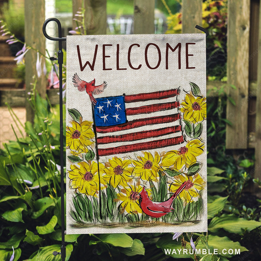 Unique flag, Watercolor US flag, Yellow flower garden, Cardinal, Welcome - Jesus Flag