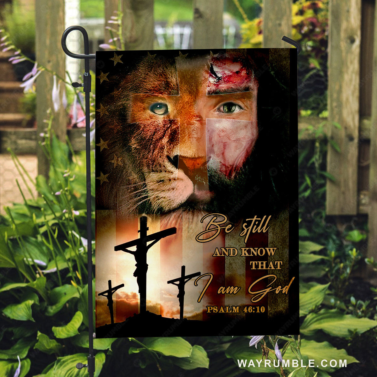 Stunning lion, Jesus on the cross, Cross symbol, Be still and know that I am God - Jesus Flag
