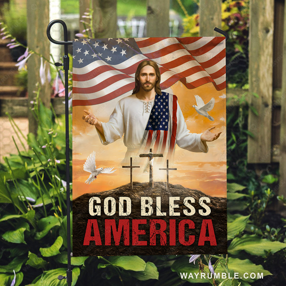 Walking with Jesus, The face of Jesus, Cross, White dove, God bless America - Jesus Flag