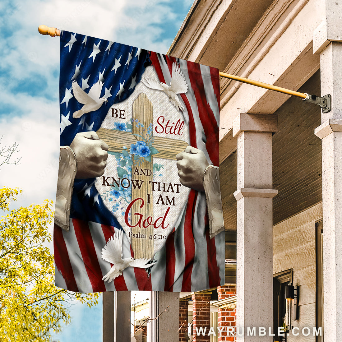 Jesus&#39;s hand, Blue flower vase, Cross symbol, Be still and know that I am God - Jesus Flag