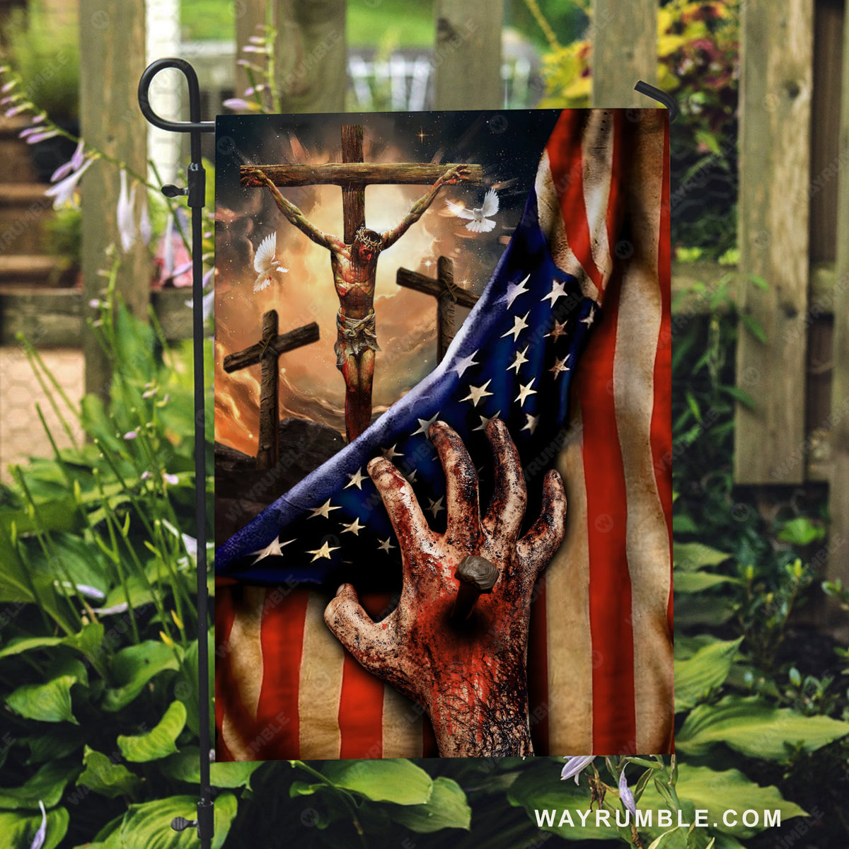 Holy spirit dove, American flag, Three wooden crosses, Crucifixion of Jesus - Jesus Flag