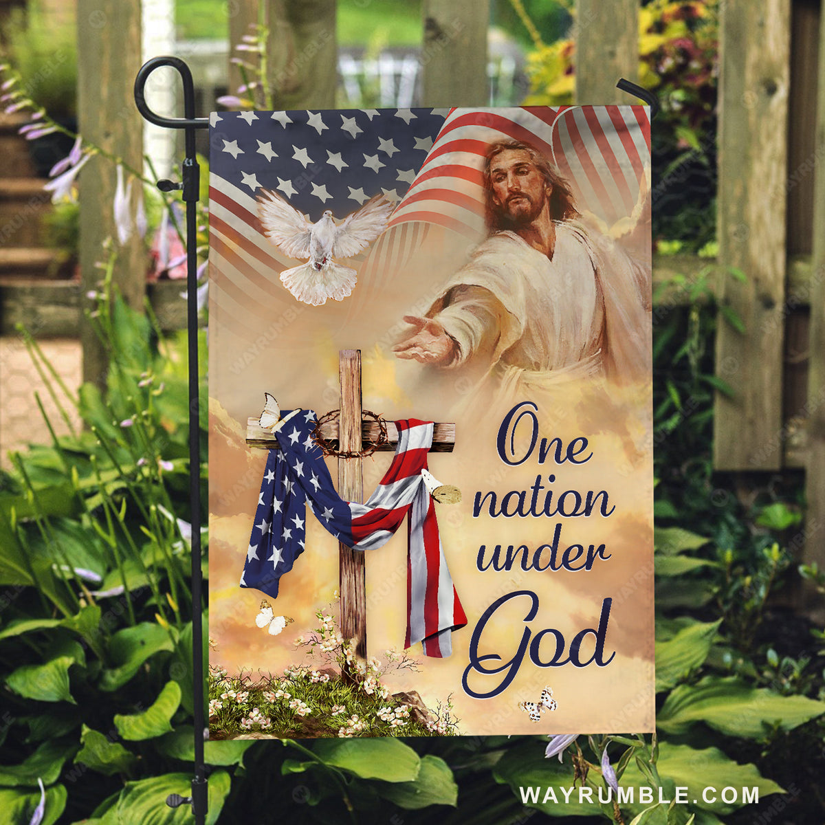 White dove, Walking with Jesus, Cross symbol, Daisy, One nation under God - Jesus Flag