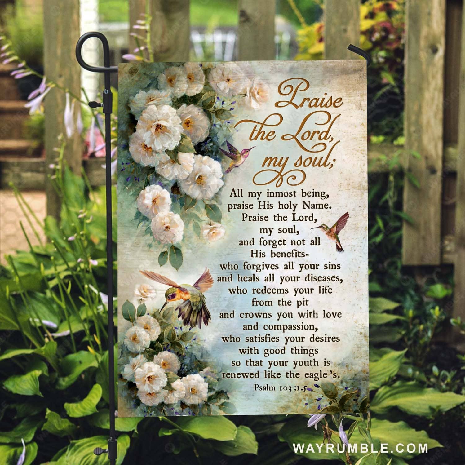 Rustic white flower painting, Watercolor hummingbird, Vintage drawing, Vintage Bible verse, Praise the Lord, my soul - Jesus Flag