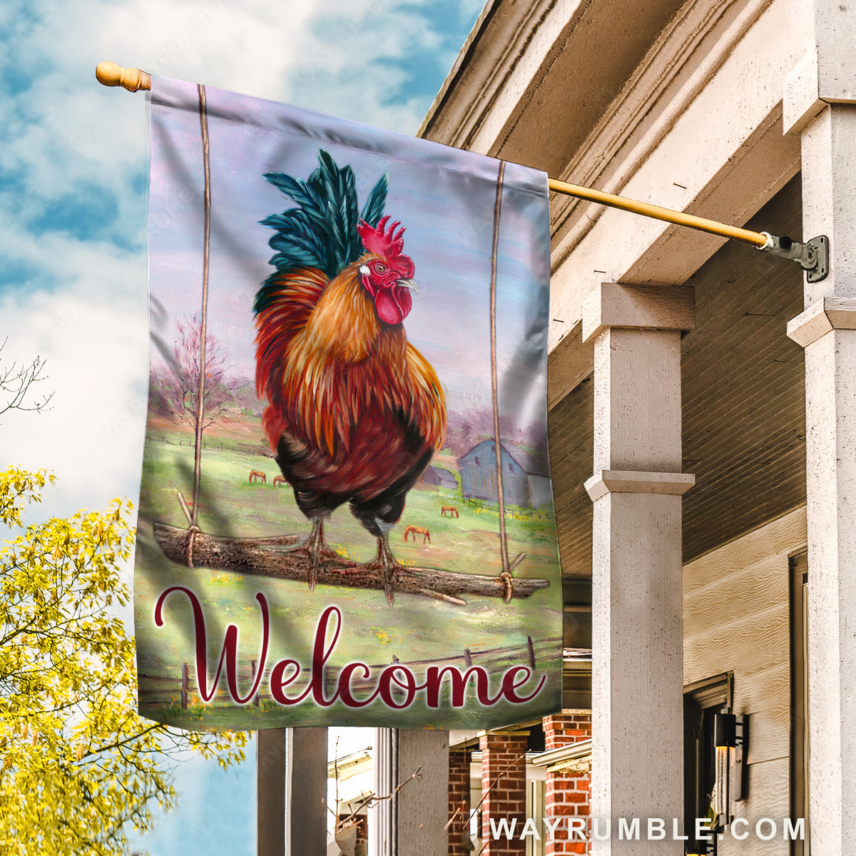 Stunning rooster, Green meadow land, Welcome - Jesus Flag