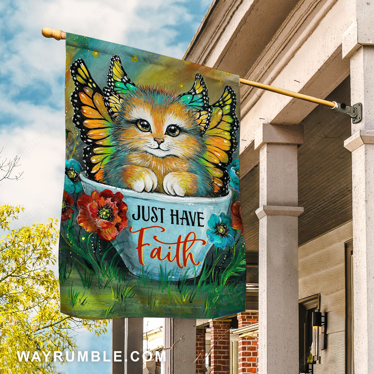 Unique cat, Colorful angel wings, Poppy flower, Just have faith - Jesus Flag