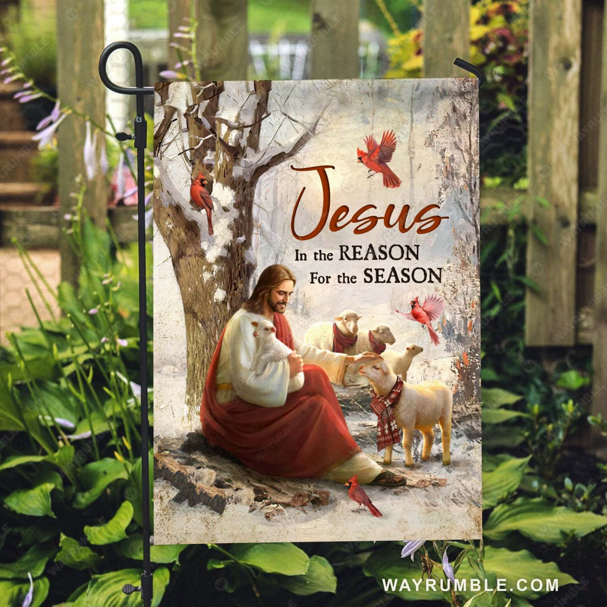 Jesus painting, Lamb of God, Red cardinal, Winter season, Jesus is the reason for the season - Jesus Flag
