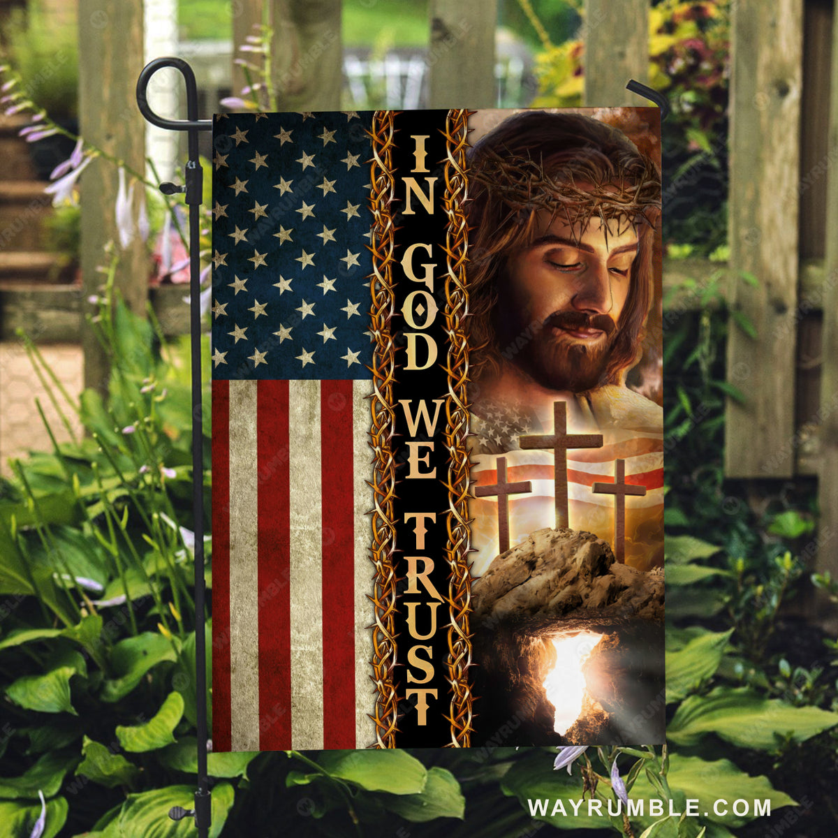 Jesus painting, Amazing American flag, Three wooden crosses, In God we trust - Jesus Flag