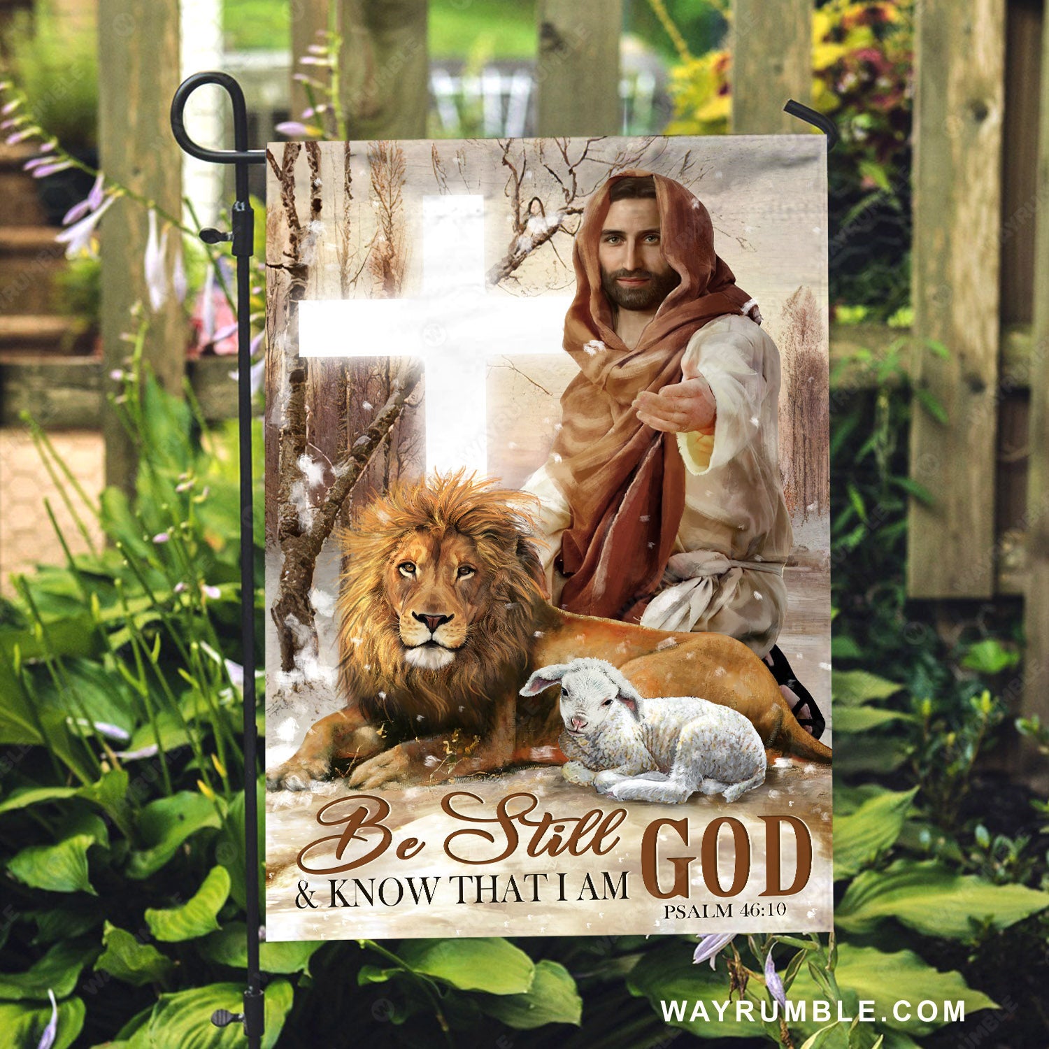 Jesus painting, Lion of Judah, Lamb of God, White cross, Be still & know that I am God - Jesus Flag