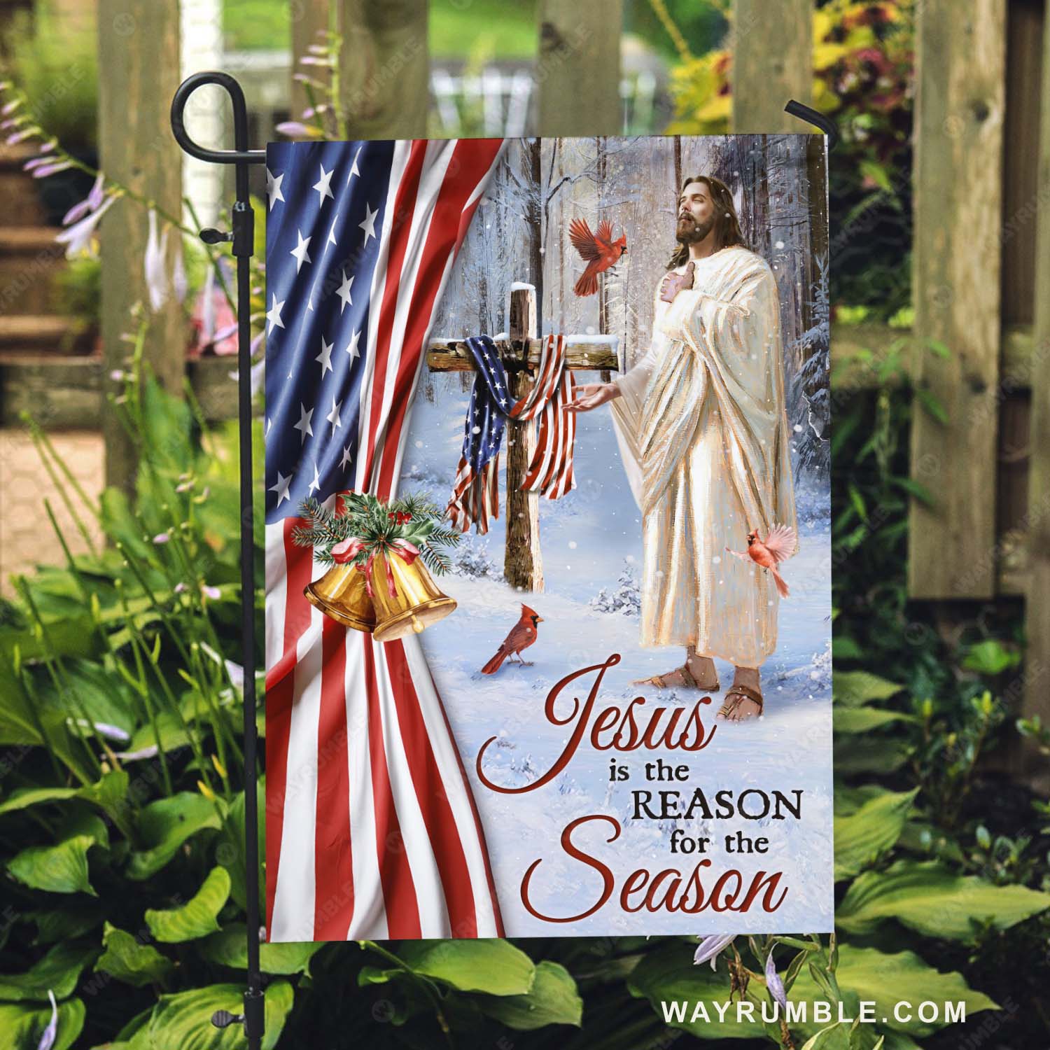 Winter season, American flag, Wooden cross, Jesus is the reason for the season - Jesus Flag
