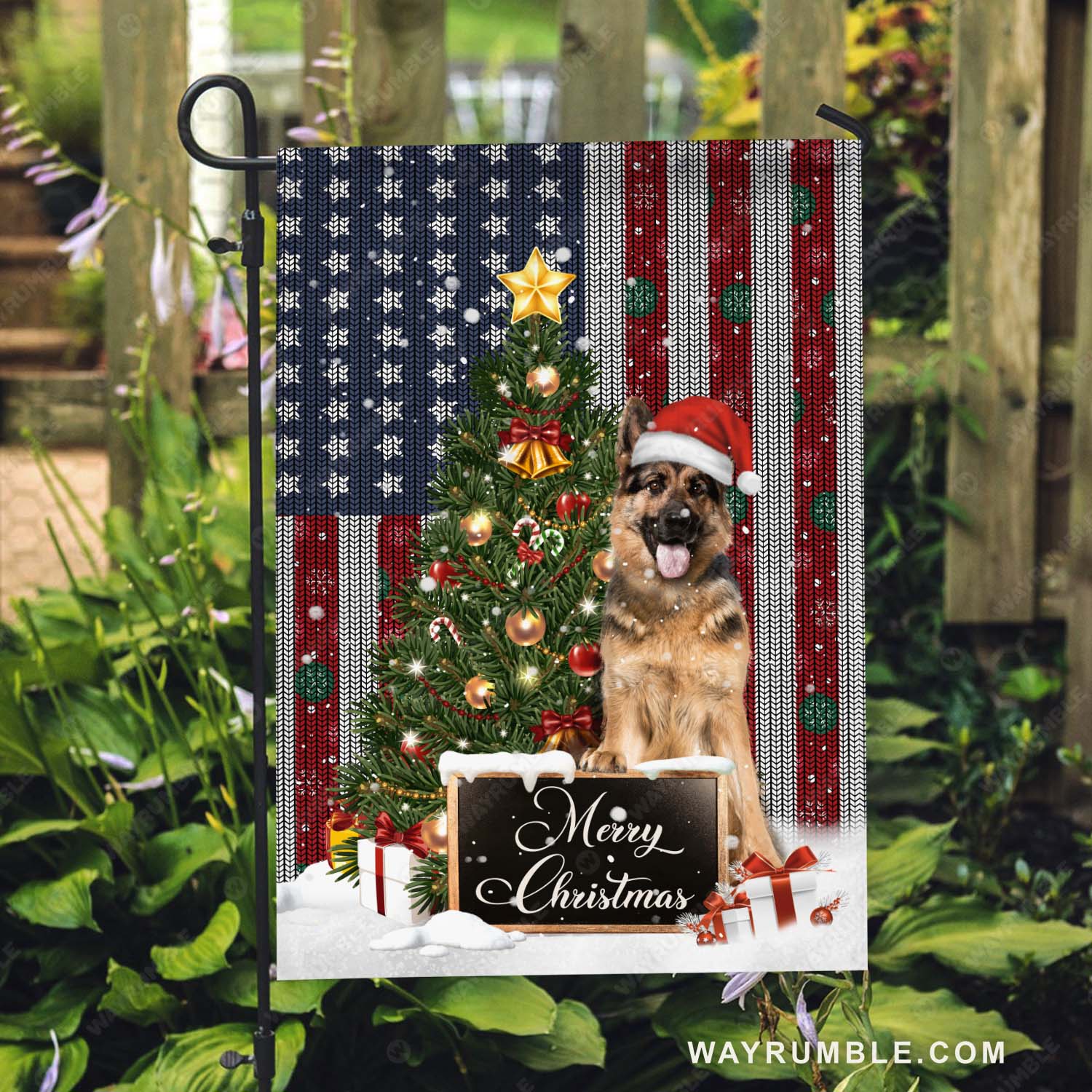 German Shepherd, Cute dog, Amazing Christmas tree, American flag, Merry Christmas - Jesus Flag