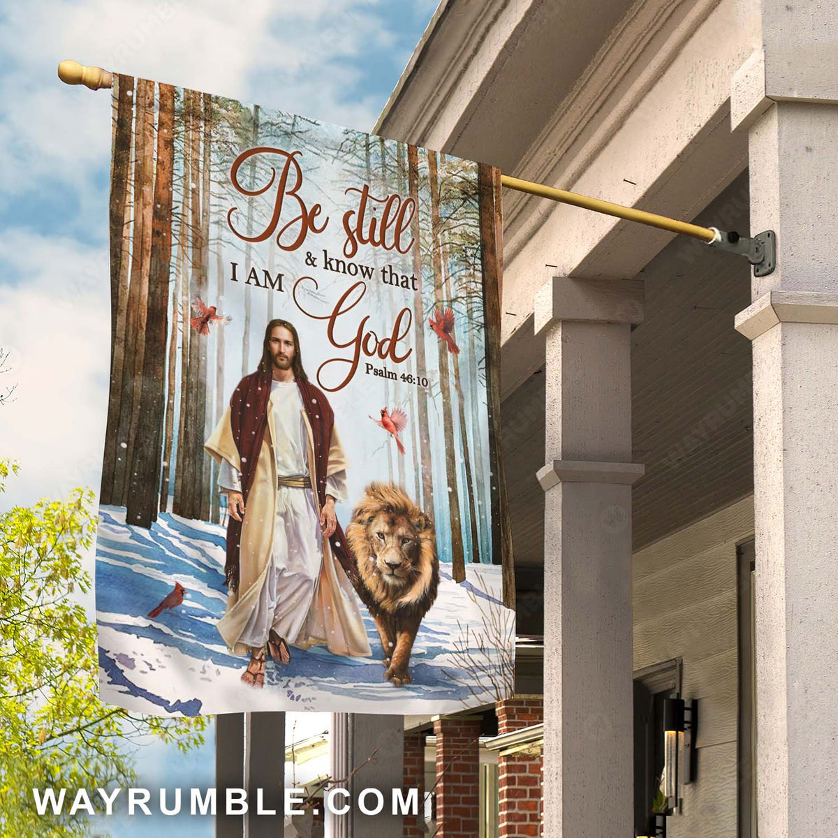 Jesus painting, Lion of Judah, Snowy forest, Be still &amp; know that I am God - Jesus Flag