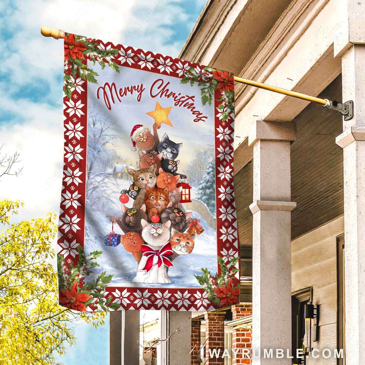 Lovely cats, Christmas decoration, Snowy village, Merry Christmas - Jesus Flag