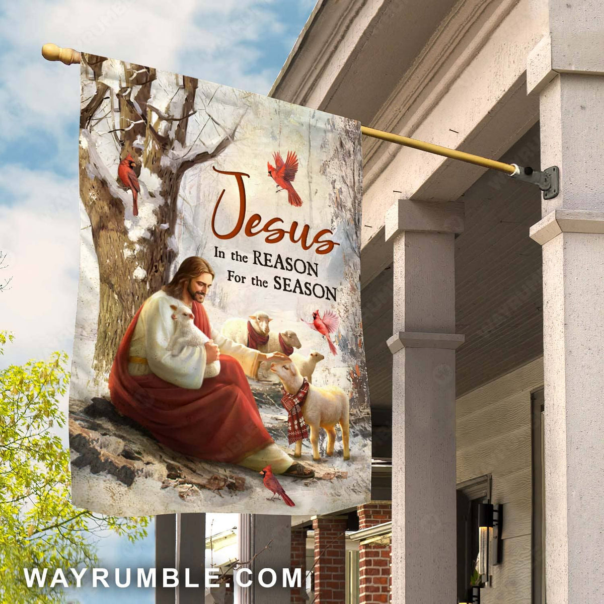 Jesus painting, Lamb of God, Red cardinal, Winter season, Jesus is the reason for the season - Jesus Flag