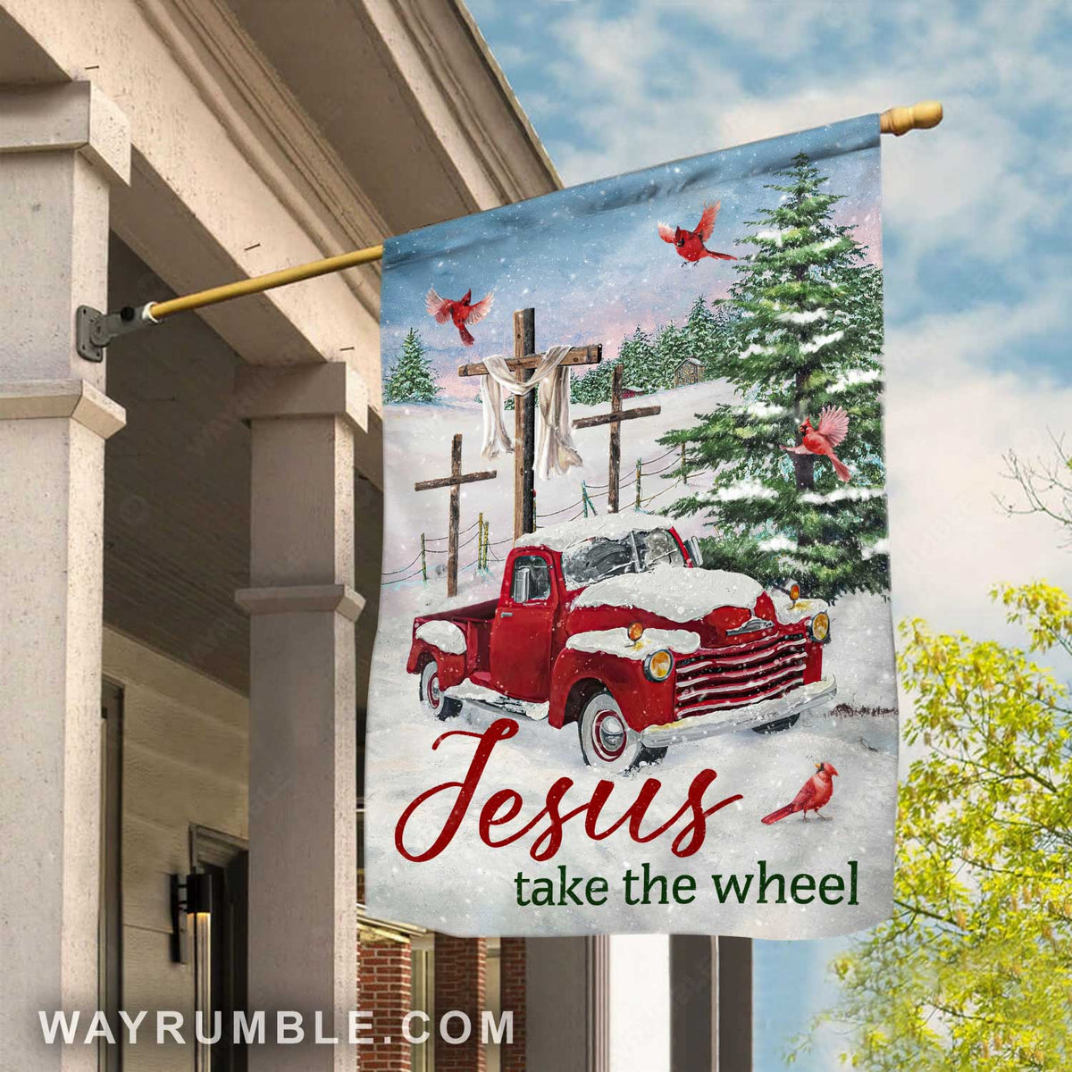 Red old car, Cardial drawing, Beautiful snow valley, Three crosses, Jesus take the wheel - Jesus Flag