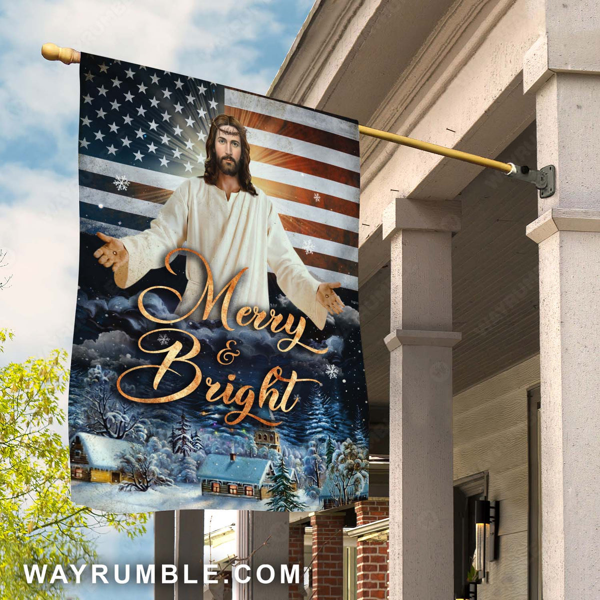 Jesus painting, American flag, Snowy village, Merry and bright - Jesus Flag