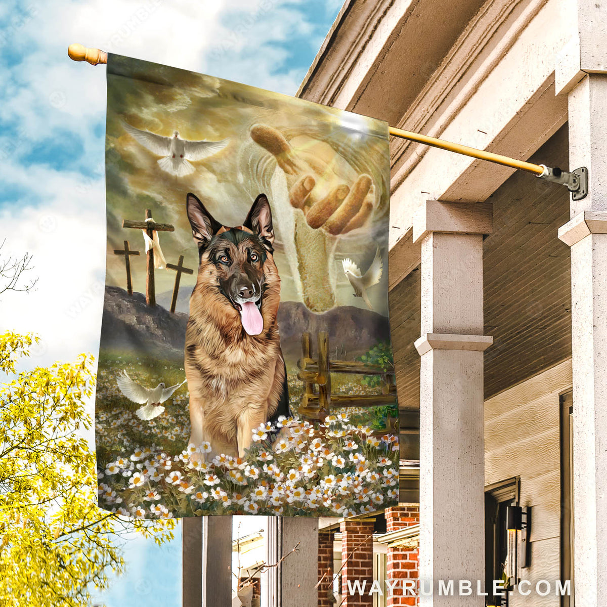 German Shepherd, Dog portrait, Daisy field, Holy spirit dove, Three crosses, The hand of God - Jesus Flag