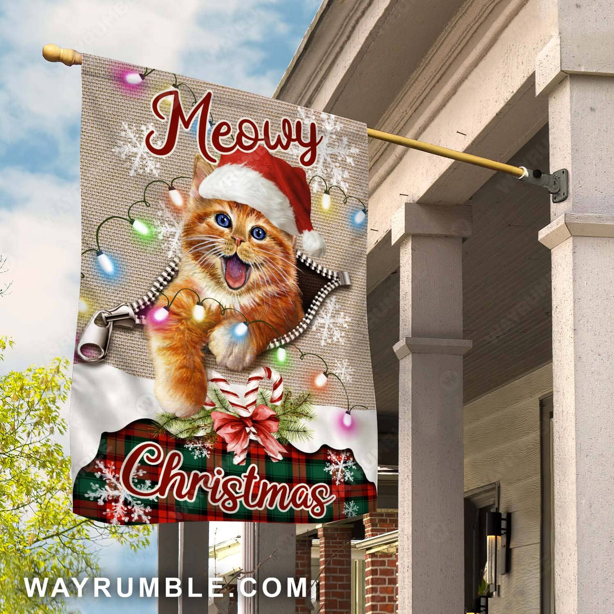 Cute kitten, Yellow cat, Christmas decoration, Christmas lights, Meowy Christmas - Jesus Flag