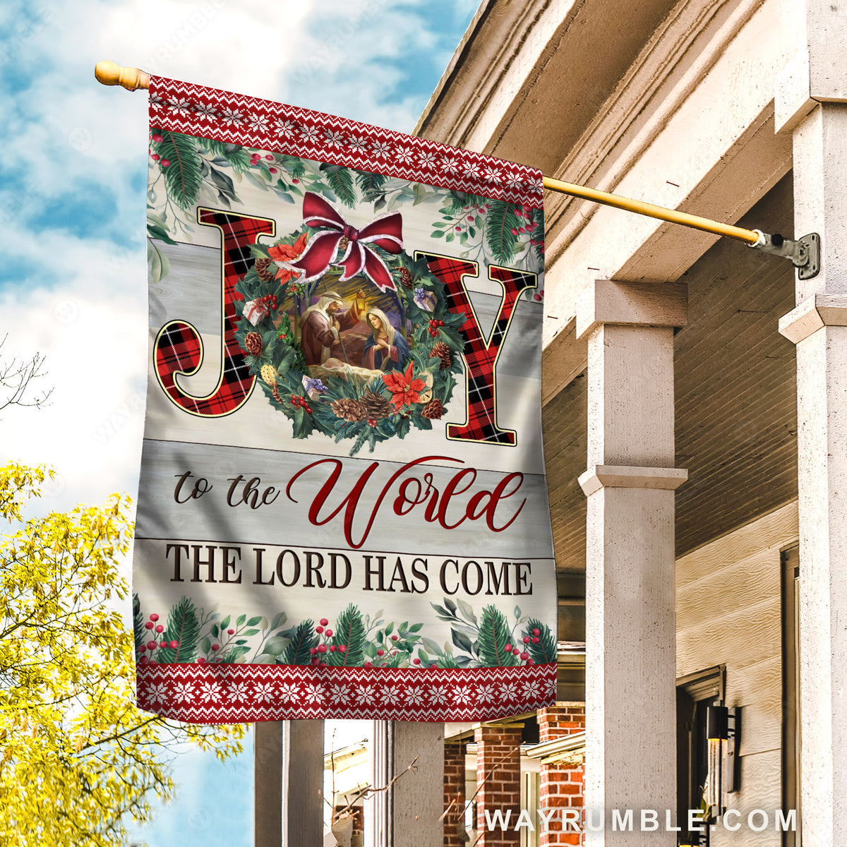 Lovely Christmas wreath, Birth of Jesus, Cranberry drawing, Joy to the world, the Lord has come - Jesus Flag