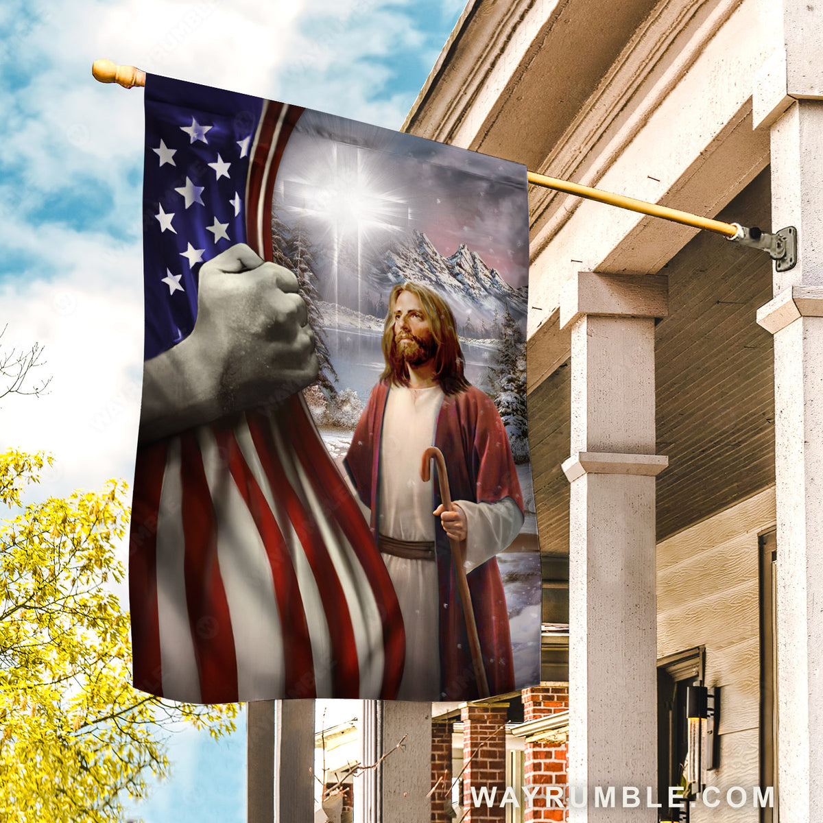 American flag, Jesus painting, Great cross, Winter season, Snow valley - Jesus Flag
