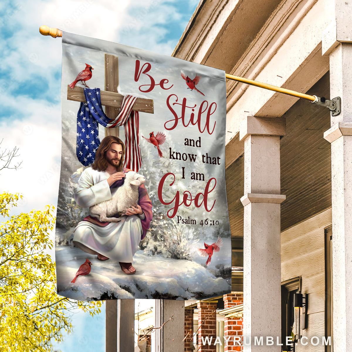 Jesus painting, Wooden cross, Winter season, Be still and know that I am God - Jesus Flag