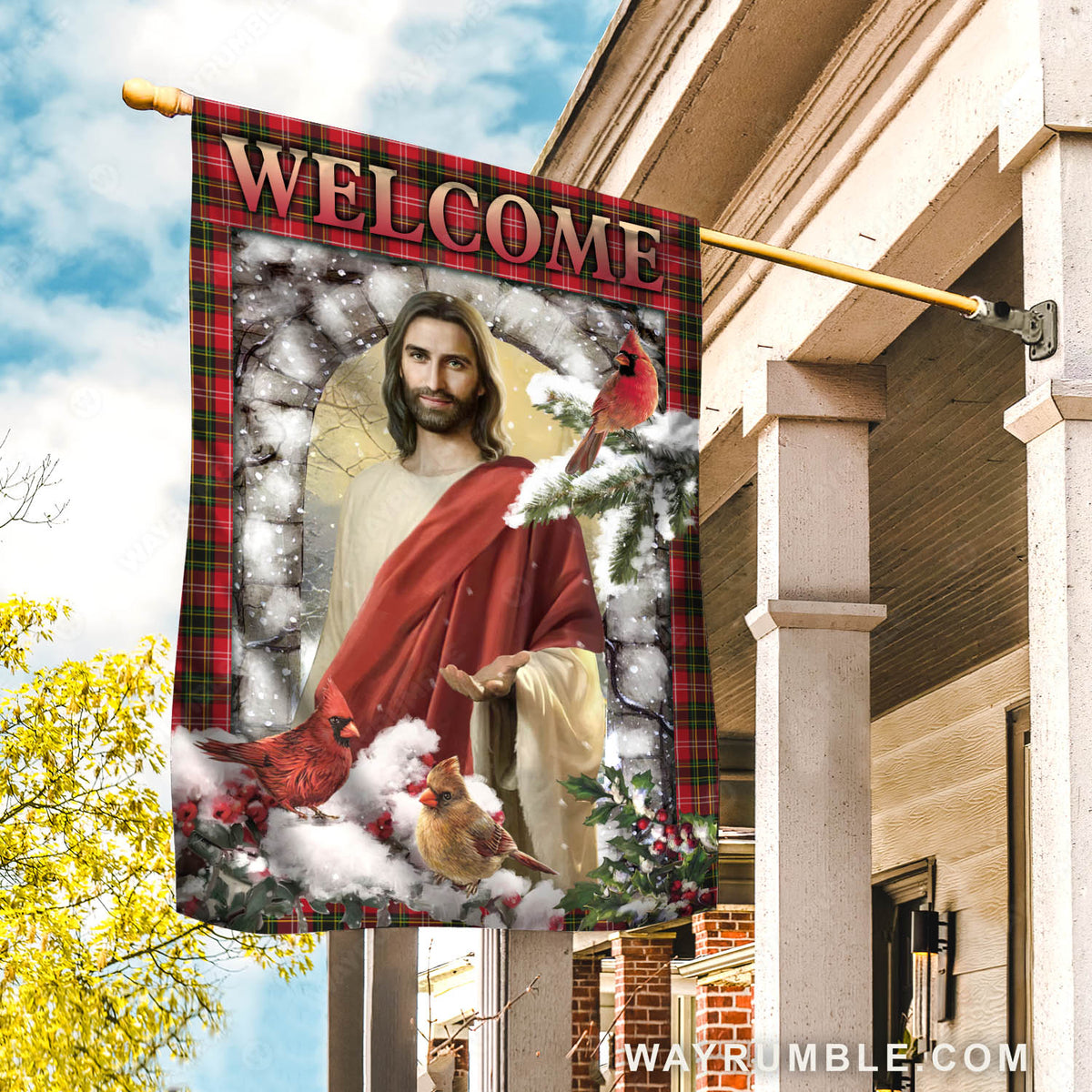 Jesus painting, Cardinal couple, Heavy snow, Cranberry tree, Welcome - Jesus Flag