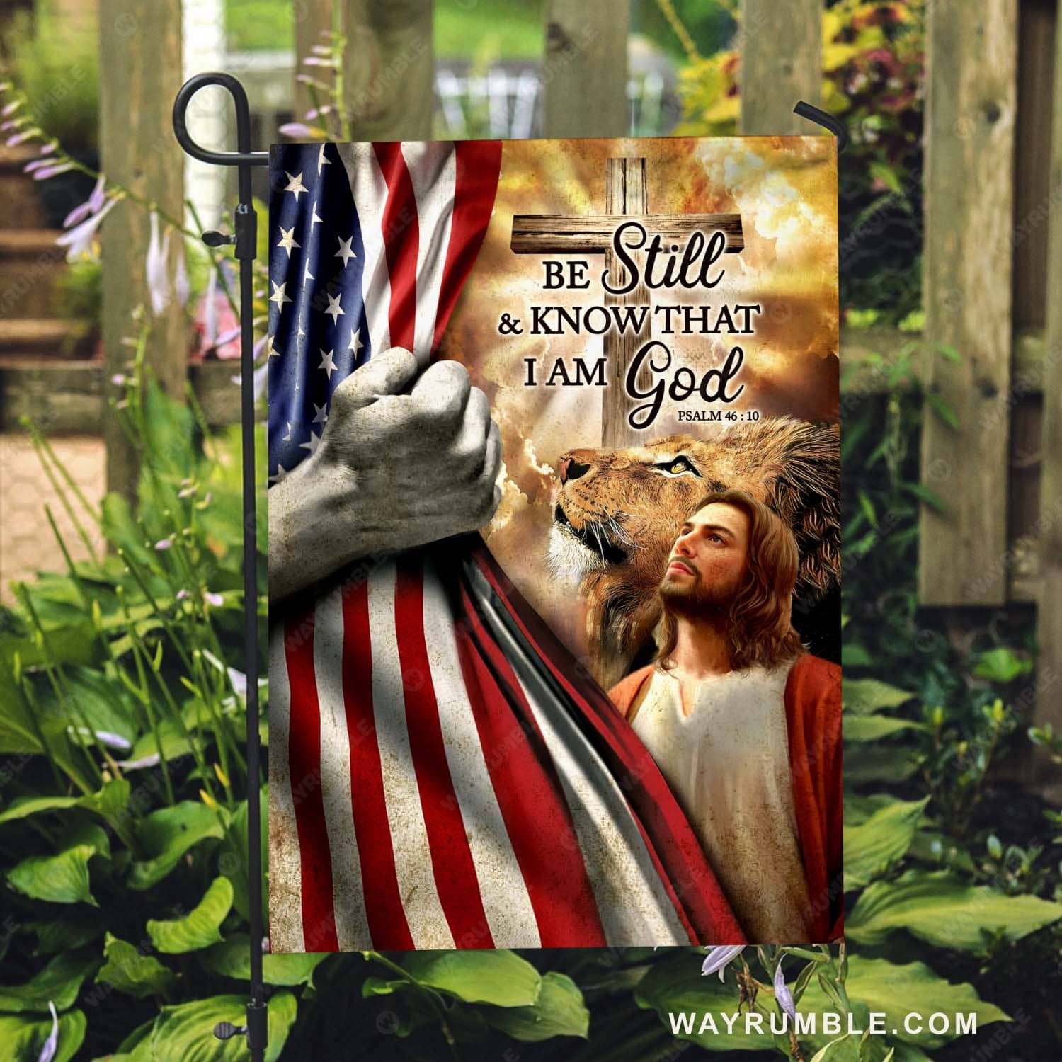 Lion of Judah, American flag, Wooden cross, Bible verse, Be still and know that I am God - Jesus Flag
