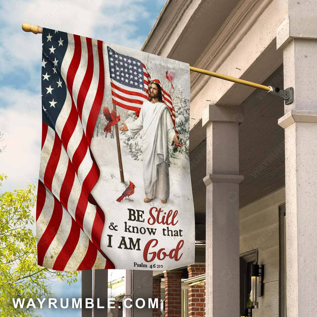 American flag, Red cardinal, Snow forest, Jesus painting, Be still &amp; know that I am God - Jesus Flag