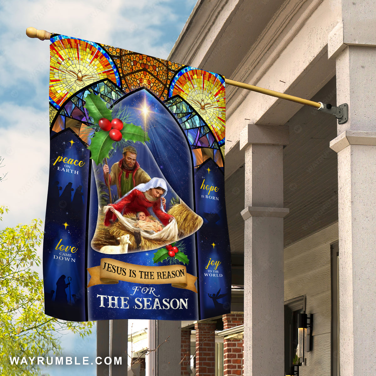 Birth of Jesus, Mother Mary, Stained glass windows, Jesus is the reason for the season - Jesus Flag