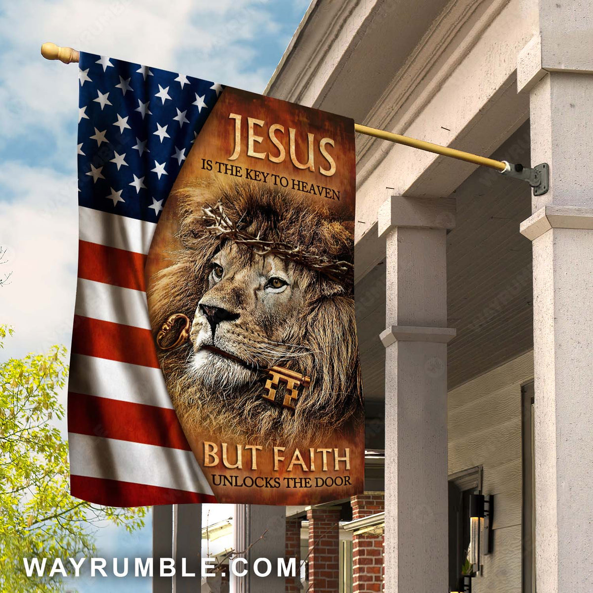 Lion of Judah, American flag, Antique key, Jesus is the key to heaven - Jesus Flag