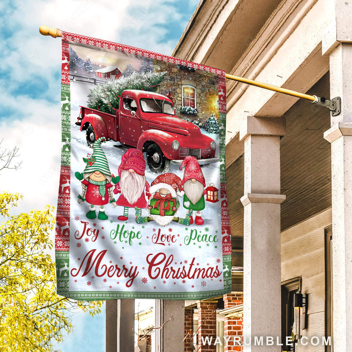 Christmas decoration, Lovely elfs, Red truck, Joy, hope, love, peace, Merry Christmas - Jesus Flag