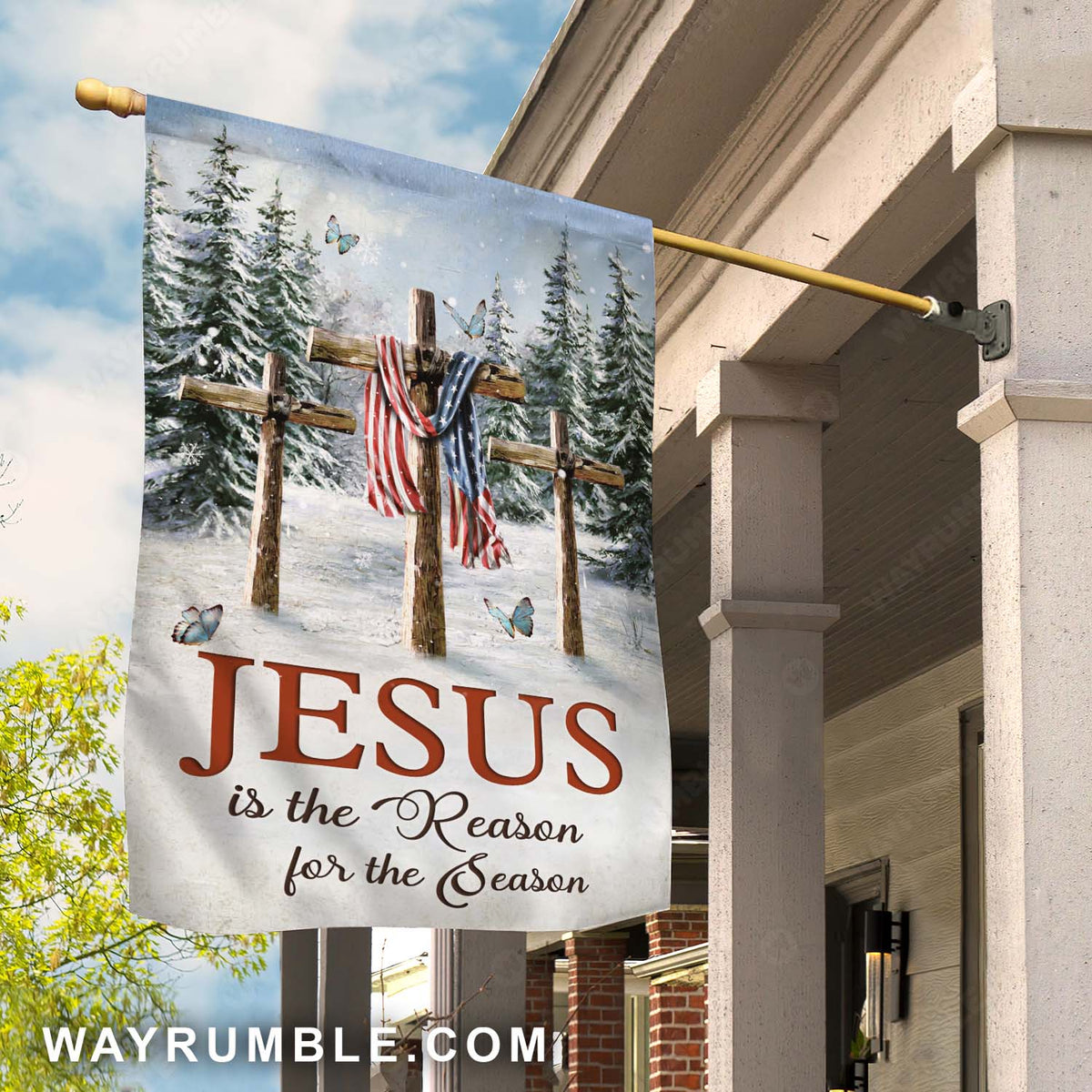 Three wooden crosses, American flag, Amazing snowfall, Jesus is the reason for the season - Jesus Flag