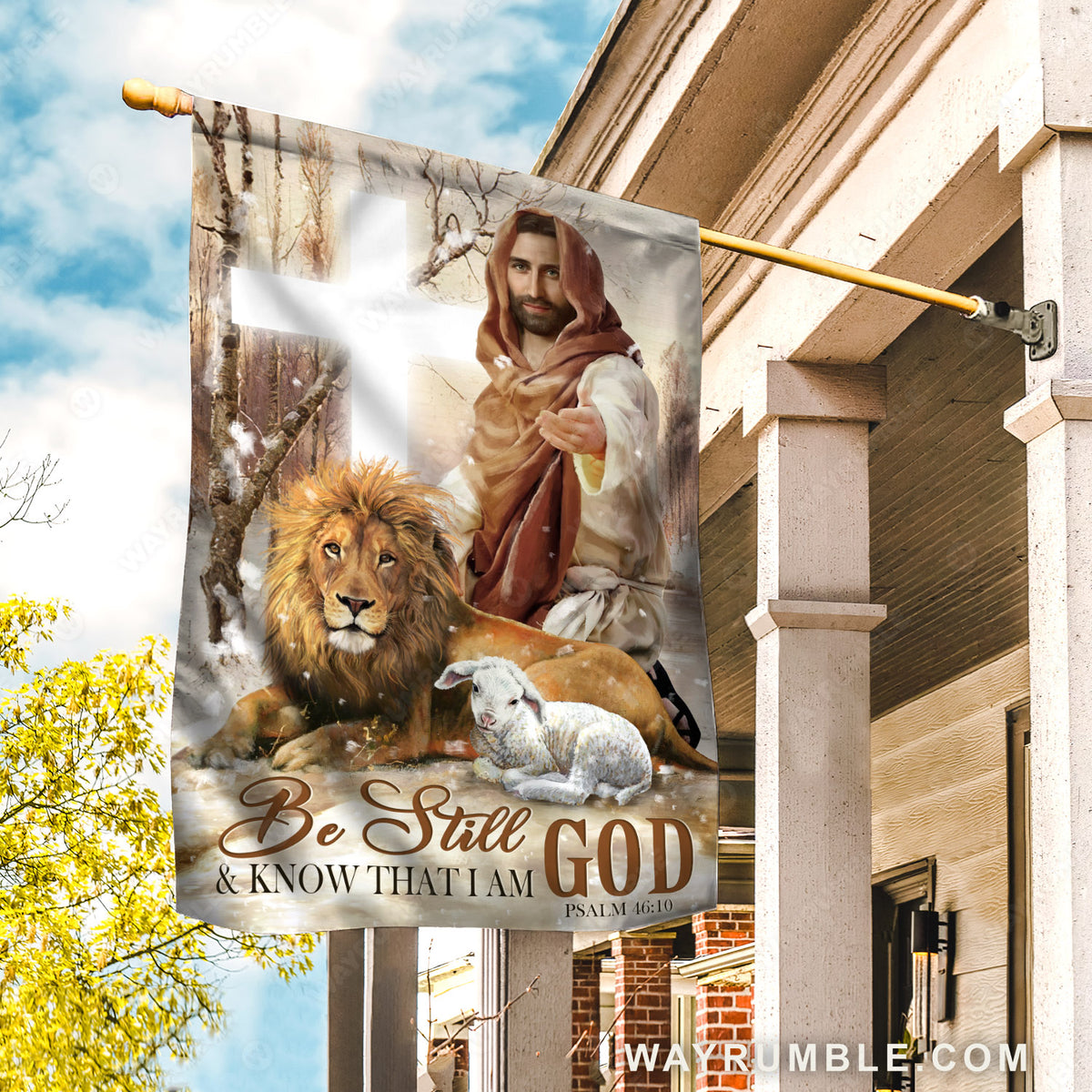Jesus painting, Lion of Judah, Lamb of God, White cross, Be still &amp; know that I am God - Jesus Flag