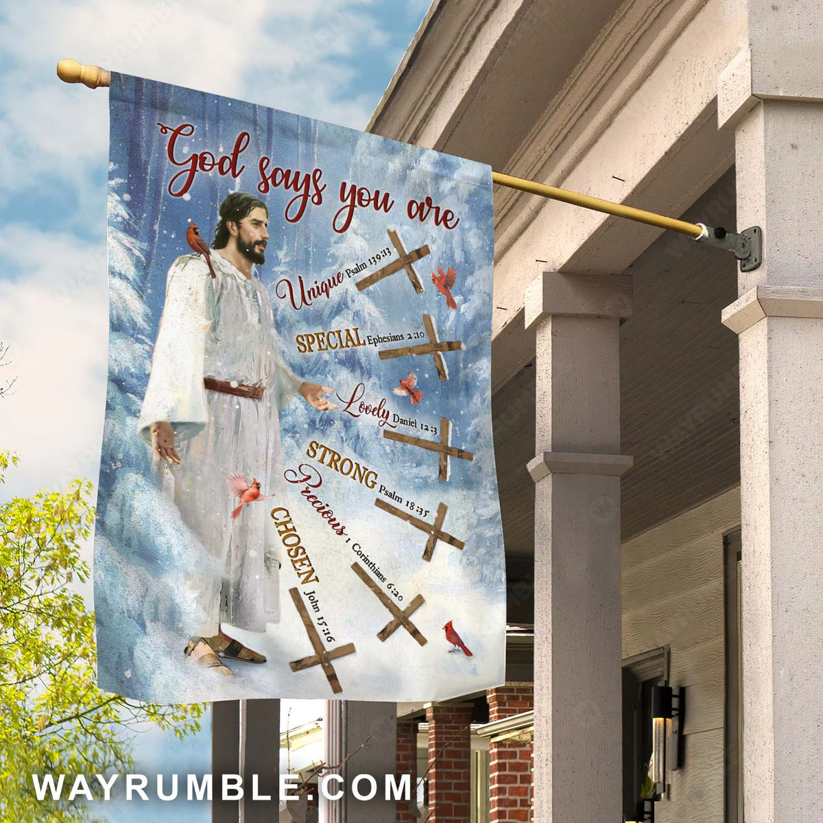 Jesus painting, Wooden cross, Red cardinal, Snowy forest, God says you are - Jesus Flag