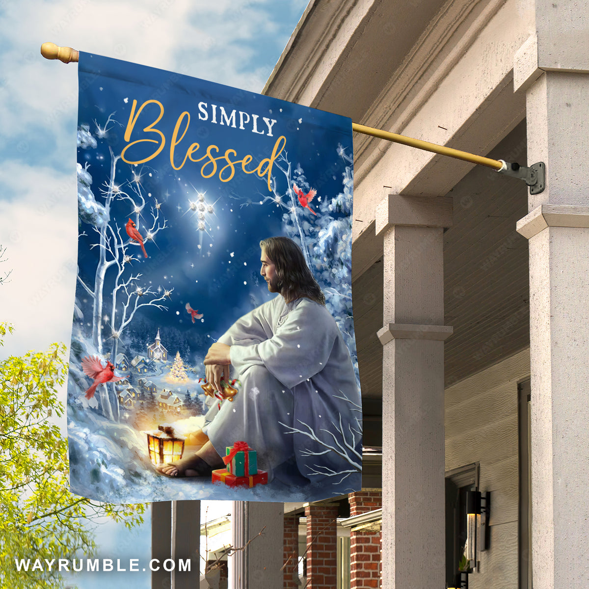 Jesus painting, Red cardinal, Christmas eve, Snowy village, Simply blessed - Jesus Flag
