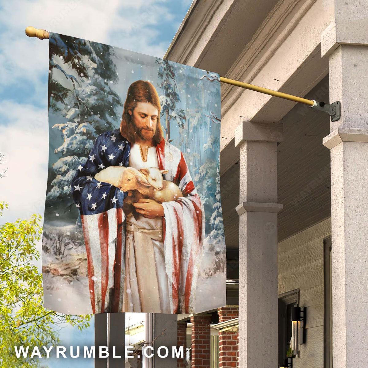 Jesus painting, Lamb of God, Winter season, American flag - Jesus Flag