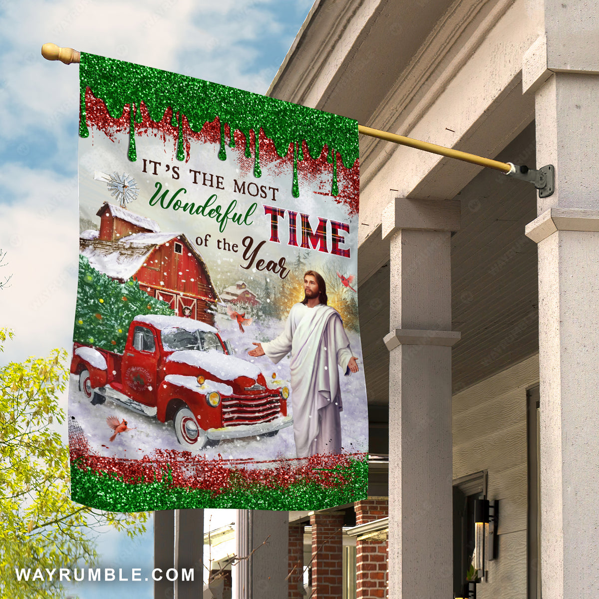 Jesus painting, Christmas vacation, Red truck, Snow on farm, It&#39;s the most wonderful time of the year - Jesus Flag