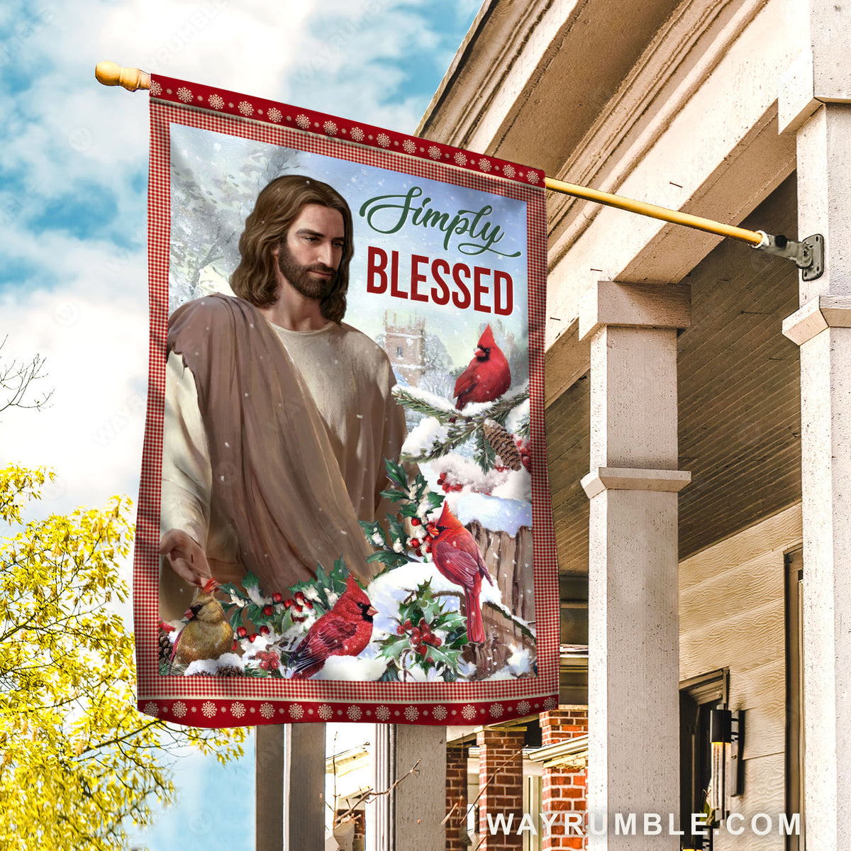 Jesus painting, Red cardinal, Cranberry tree, Christmas decoration, Simply blessed - Jesus Flag
